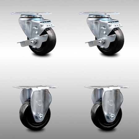 Service Caster 3 Inch SS Hard Rubber Wheel Swivel Top Plate Caster Set with 2 Brake 2 Rigid SCC SCC-SS20S314-HRS-TLB-2-R-2